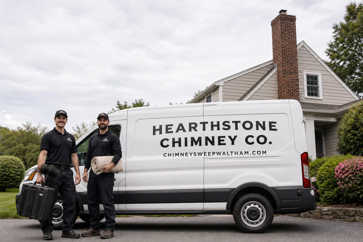 Hearthstone Chimney Co. chimney cleaning service vehicle and crew in Waltham, MA